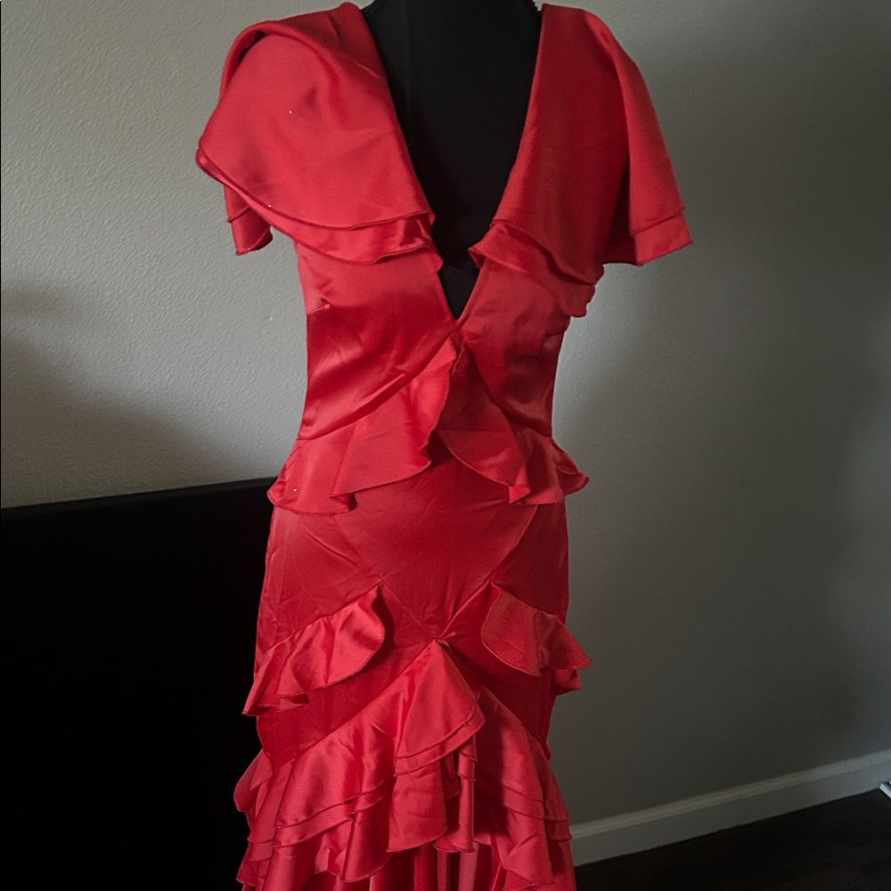 Boohoo Vibrant Red Asymmetrical Ruffle Dress
